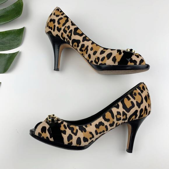 Cole Haan Heels Leopard Print Peep Toe Brown Pumps Women's 7.5 - Picture 7 of 10